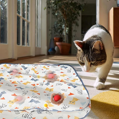 Rocfish Interactive Cat Toys Ball - Automatic Fast Rolling Ball in Play Mat, Hide and Seek Mouse Catching Game, Low-Noise Cat Enrichment Toys in Pouch for Indoor Bored Cats (Red Toy &amp; Square Mat)