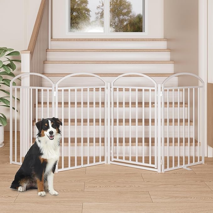 4 Panles Full Matel Freestanding Dog Gates with Door, 96"Extra Wide 36"Tall Free Standing Dog Pet Gate for Indoor &amp; Outdoor. Foldable Pet Fences for Doorways, House, Stairs, Porch, Deck, Yard