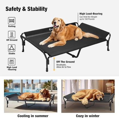 Veehoo Cooling Elevated Dog Bed, XL Raised Pet Cot with Guardrail &amp; Slope Headrest, Durable Breathable Teslin Mesh, Non-Slip Feet, Washable Dog Couch Bed for Indoor &amp; Outdoor, 50.5" x 33.5, Black