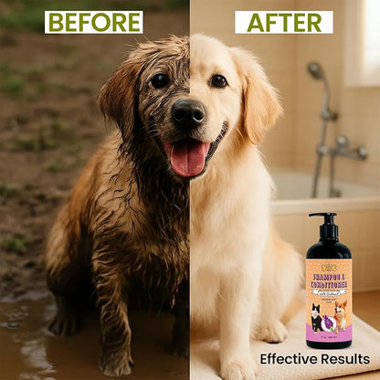 POM Pets 2-in-1 Organic Dog Shampoo &amp; Conditioner – Itchy Skin Relief, Dog Deshedding, Detangles Fur, Cat Shampoo, Paw Cleaner for Dogs, Natural Coat Defense Formula