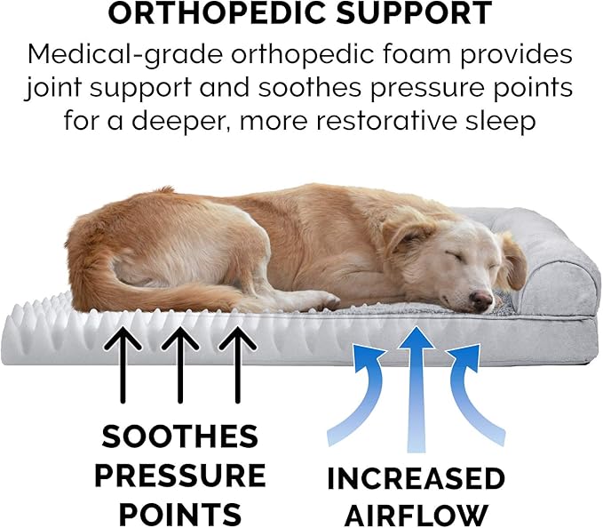 Furhaven Orthopedic Dog Bed for Large Dogs w/ Removable Bolsters &amp; Washable Cover, For Dogs Up to 95 lbs - Plush &amp; Suede Sofa - Gray, Jumbo/XL