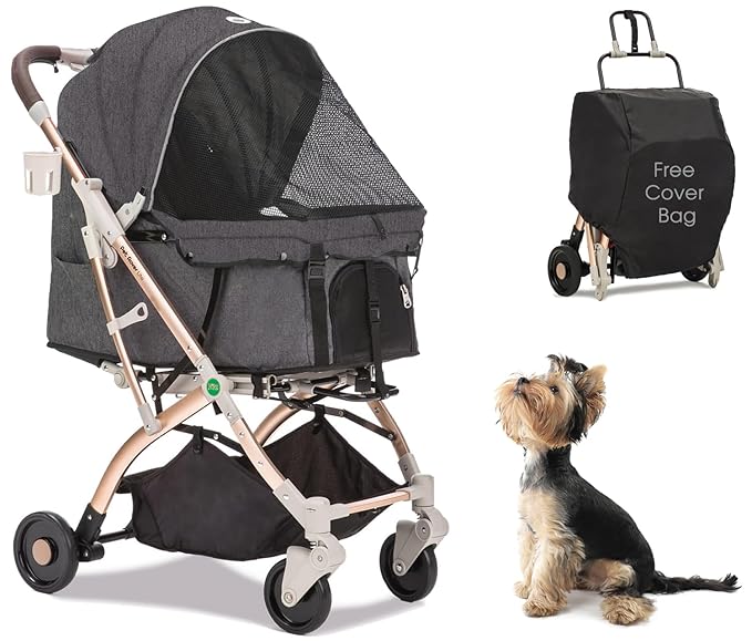 HPZ-PR America Pet Rover Lite Premium Light-Weight Dog/Cat/Pet Stroller Travel Carriage with Convertible Compartment/Aluminum Frame for Small &amp; Medium Pets (Gray 2nd-Gen.)