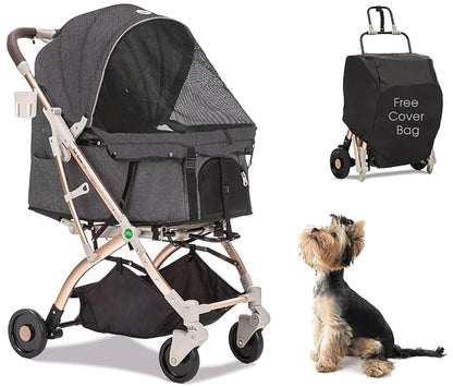 HPZ-PR America Pet Rover Lite Premium Light-Weight Dog/Cat/Pet Stroller Travel Carriage with Convertible Compartment/Aluminum Frame for Small &amp; Medium Pets (Gray 2nd-Gen.)