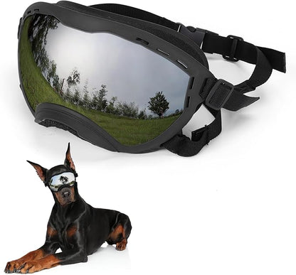 Dog Goggles for Large Dogs, UV Wind Dust Fog Protection, Soft Frame Adjustable Dog Sunglasses, Summer Driving &amp; Winter Snow Eyewear, Tactical Pet Glasses with Elastic Strap (Black)