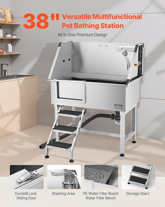 VEVOR Stainless Steel Dog Washing Station, 38 inch Pet Grooming Tub w/Storage Stairs, Faucet &amp; Showerhead &amp; Soap Holder Dog Bathtub for Medium &amp; Small Pets (Left Door)