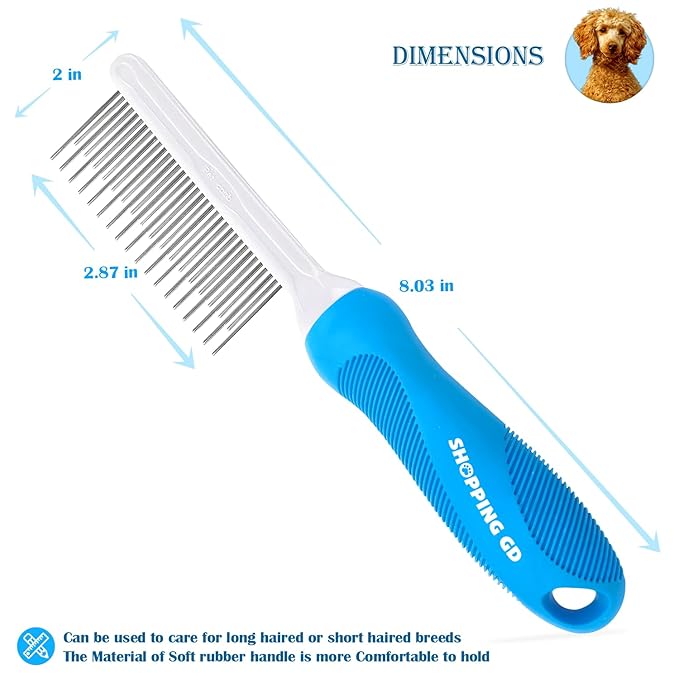 Detangling Pet Grooming Comb for Dogs &amp; Cats with Long &amp; Short Stainless Steel Metal Teeth for Removing Tangles and Knots - Dematting Brush to Detangle Matted Hair