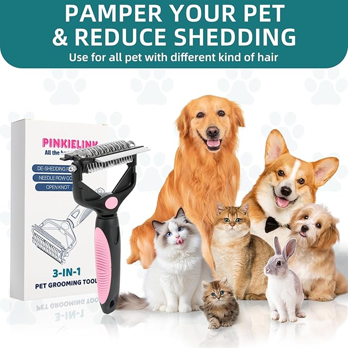 3-IN-1 Pet Grooming Tool - Undercoat Rake, Dematting Comb &amp; Deshedding Brush for Cats &amp; Dogs - Removes Mats, Tangles &amp; Loose Fur, Reduces Shedding &amp; Prevents Hair Mess (Pink)