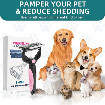 3-IN-1 Pet Grooming Tool - Undercoat Rake, Dematting Comb &amp; Deshedding Brush for Cats &amp; Dogs - Removes Mats, Tangles &amp; Loose Fur, Reduces Shedding &amp; Prevents Hair Mess (Pink)