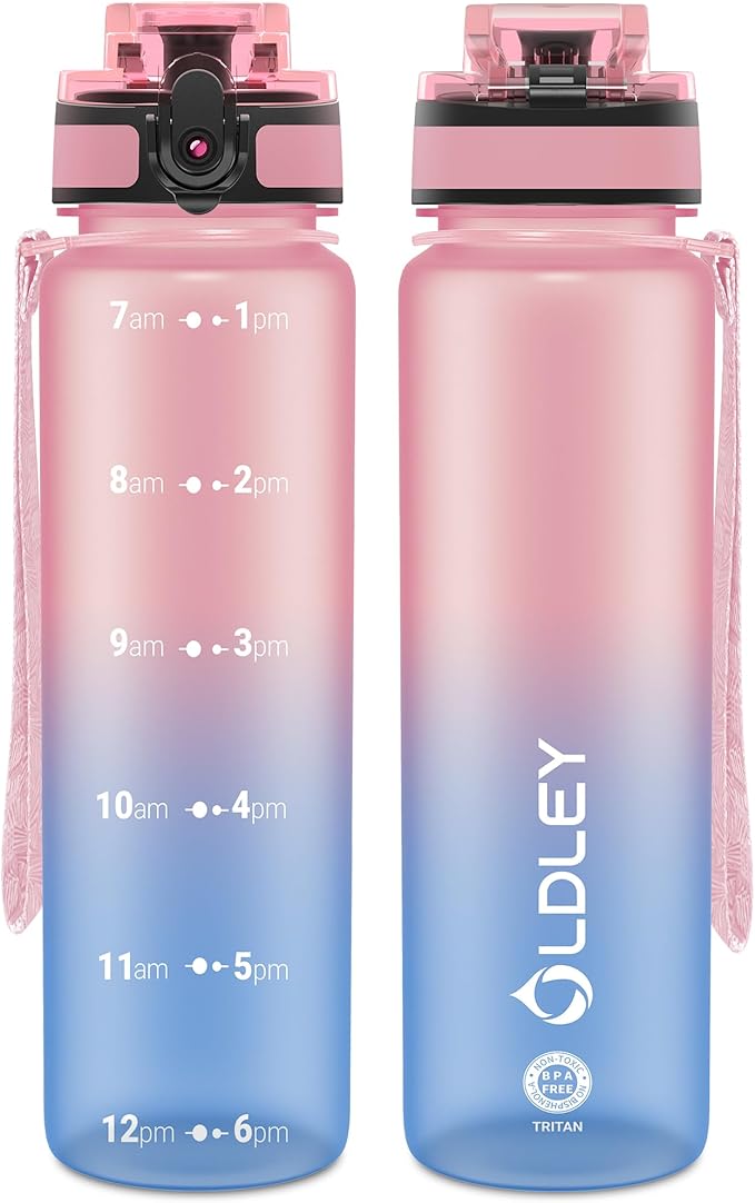 OLDLEY 32 oz Water Bottle, Motivational Water Bottle with Time Marker, Sports Water Bottle With Strap, Leakproof &amp; BPA Free Large Water Bottles for School, Gym, Travel, Outdoor, Tritan,Pink&amp;Blue
