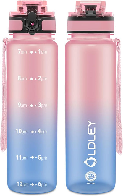 OLDLEY 32 oz Water Bottle, Motivational Water Bottle with Time Marker, Sports Water Bottle With Strap, Leakproof &amp; BPA Free Large Water Bottles for School, Gym, Travel, Outdoor, Tritan,Pink&amp;Blue