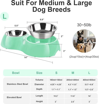 Elevated Dog Bowls Set - Non-Slip Raised Pet Feeder with Medium (2 Cups) &amp; Large (4 Cups) Stainless Steel Bowls - Includes Durable Resin Stand for Puppies, Adult Dogs &amp; Cats - Green