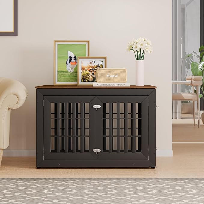 42" Heavy Duty Dog Crate Furniture for Small,Medium and Large Dogs,Rustic Wooden Dog Cage Kennel Indoor Furniture with Waterproof Top,Decorative Pet House Side End Table (Black &amp; Wood)