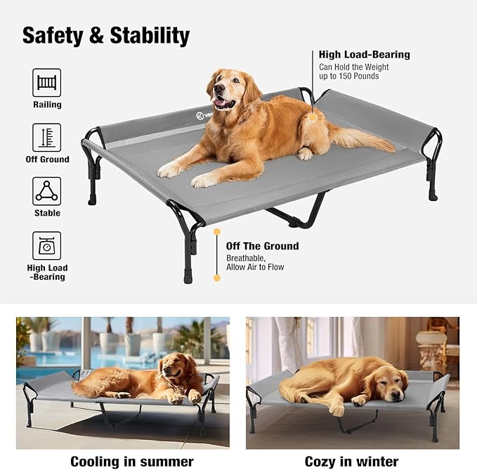 Veehoo Cooling Elevated Dog Bed, XL Raised Pet Cot with Guardrail &amp; Slope Headrest, Durable Breathable Teslin Mesh, Non-Slip Feet, Washable Dog Couch Bed for Indoor &amp; Outdoor, 50.5" x 33.5, Gray
