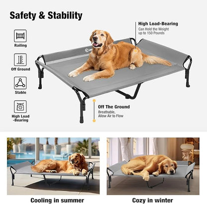 Veehoo Cooling Elevated Dog Bed, XL Raised Pet Cot with Guardrail &amp; Slope Headrest, Durable Breathable Teslin Mesh, Non-Slip Feet, Washable Dog Couch Bed for Indoor &amp; Outdoor, 50.5" x 33.5, Gray