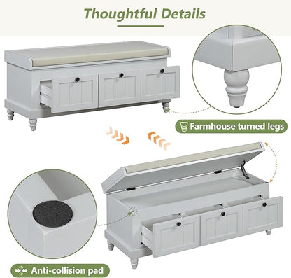 Classic Shoe Storage Bench with Cushion and Three Drawers, Fluted Entryway Bench with Storage for Entryway, Living Room, Hallways 44.0" L x 15.9" W x 18.9" H Gray Wash