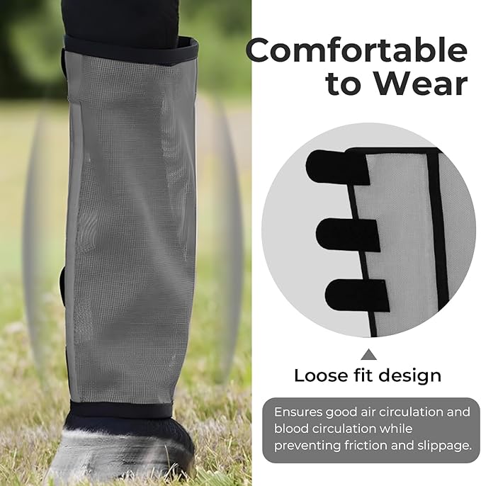 Mesh Horse Fly Boots Set of 4，Adjustable and Universal Loose Fitting &amp; Non-Slip Horse Fly Leggings for Horses,Reduce Stressful Stomping (Grey)
