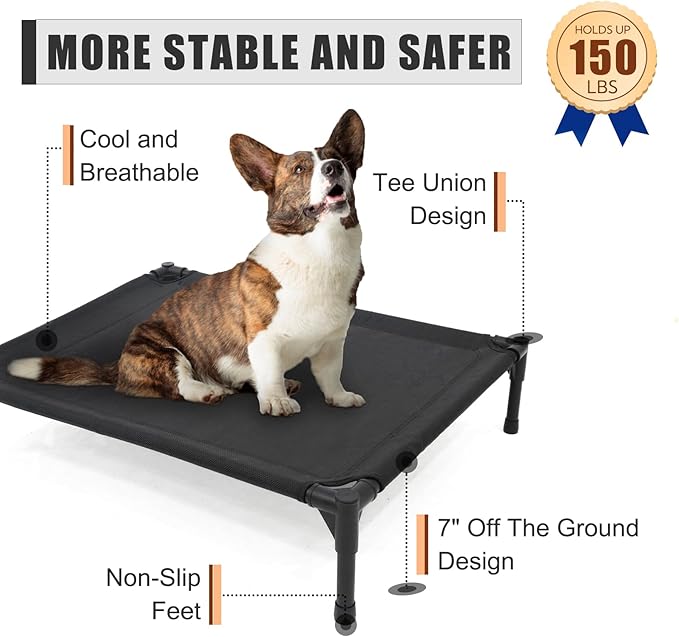 Elevated Dog Bed for Large Dogs, Raised Dog Cot Fits Up to 120 LBs, Heavy Duty Pet Cots with Durable Supportive Teslin Recyclable Washable Mesh, Indoor &amp; Outdoor Pet Bed, Black