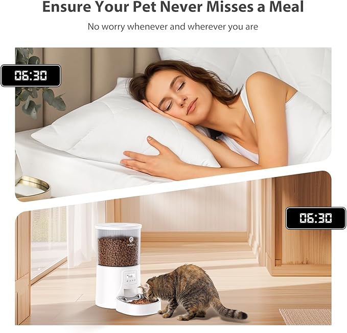 Automatic Cat Feeder: 4L Timed Cats Food Dispenser Programmable 1-6 Meal for Cat and Small Medium Dog- Auto Pet Feeder Dual Power Supply with Stainless Steel&amp; | Detachable Washable White