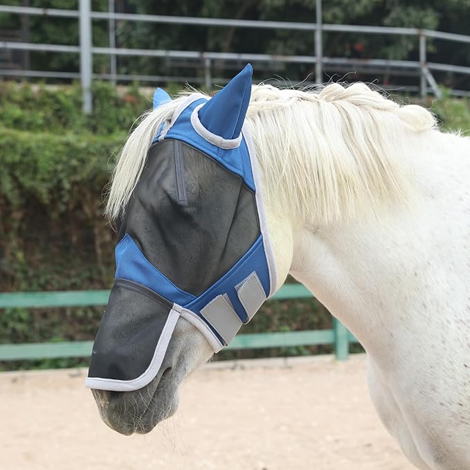 Horse Fly Mask with Ears &amp; Long Nose Cover | Forelock Opening for Tangle-Free Mane Care | UV Protection &amp; Breathable Mesh | No Rub Fit and Enhanced Visbility for Trail Riding RoyalBlue Pony