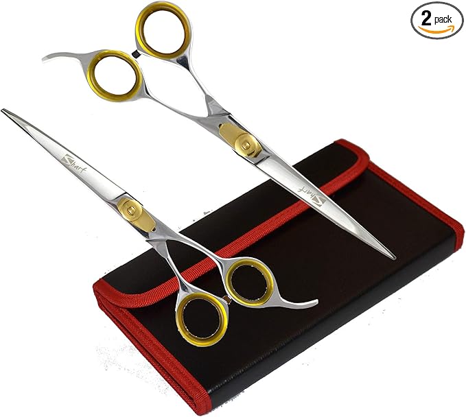 Sharf Professional Pet Shears Kit: Gold Touch Dog Grooming 7.5 Inch Curved Shear &amp; 7.5 Inch Straight Scissors | Must-Have Groomers &amp; Home Groomer Scissors Set