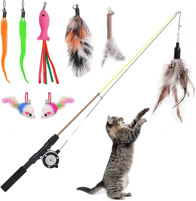 Retractable Cat Teaser Wand Toy, Cat Toys for Indoor Outdoor Cats Interactive Fishing Rod with 8 Pcs Refills Feather Toy, Plush Mouse Caterpillar &amp; Fish