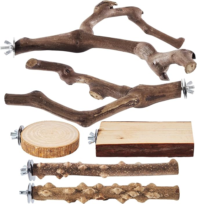 6-Piece Bird Perch Set - Natural Wood Grape Sticks, Paw Grinding Forks, Bird Stand &amp; Toys for Parakeets, Cockatiels, Conure, Budgies
