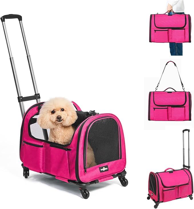 Large Pet Carrier with Wheels, Foldable Rolling Dog Carrier with Big Pocket, Cat Rolling Bag 21"x13"x13"for 2 Cats &amp;Dogs, Use for Travel, Outdoor, Vet Visits, Camping, Indoor. Pink