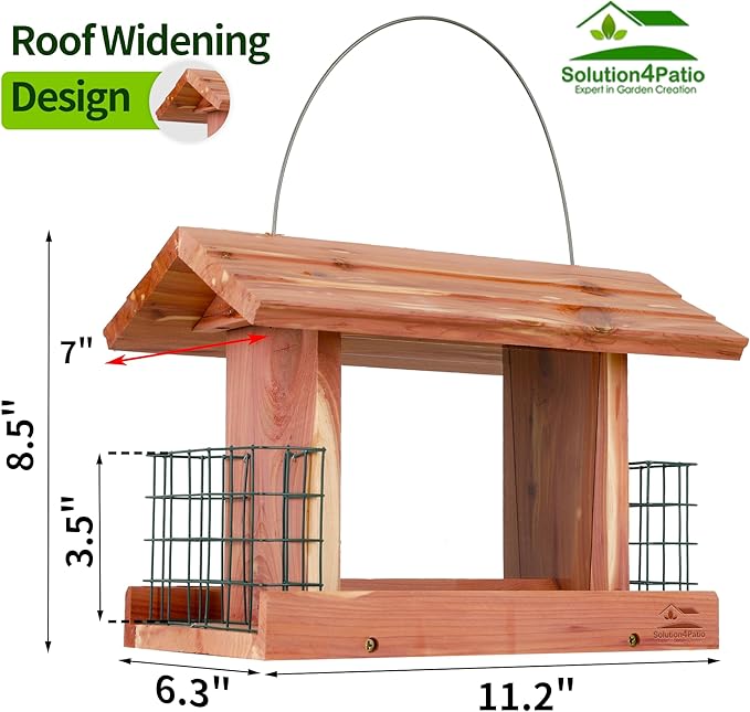 Solution4Patio US Cedar Hopper Bird Feeder for Outdoors Hanging, Handcrafted Wood Double Suet Cage &amp; Clear View Windows, Squirrel-Proof Wild Bird Feeder for Cardinals, Finches, Chickadees