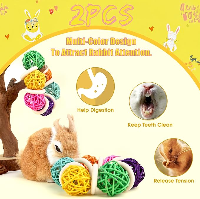 2 Pcs Natural Grass Chew Balls for Rabbits, Chinchillas, Hamsters &amp; Mice - Safe Dental Health Toys for Teeth Grinding, Chewing &amp; Dental Care, Small Animal Enrichment Chew Toys