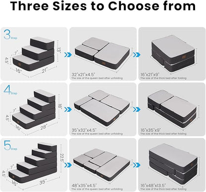 3-Step Adjustable Dog Stairs for Sofa and Couch, Dog Steps for Small Dogs and Cats, Foldable Pet Stairs for Low Bed Climbing, Non-Slip Pet Step Indoor, Grey