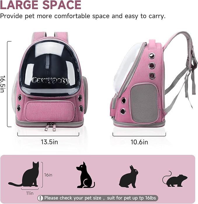 Cat Backpack Carrier, Breathable Cat Carrier Large Space Bubble Pet Backpack for Kitty Small Dog up to 15lbs, Transparent &amp; Foldable Pet Carrier for Travel Hiking（Pink）