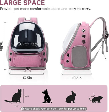 Cat Backpack Carrier, Breathable Cat Carrier Large Space Bubble Pet Backpack for Kitty Small Dog up to 15lbs, Transparent &amp; Foldable Pet Carrier for Travel Hiking（Pink）