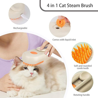 cat steam brush for shedding -4 in 1 Rechargeable Steam Brush for Cats and Dogs, Anti-static, Massage, Cleaning, Shedding &amp; Combing All In One! grooming tool for cats and dogs（Brown）