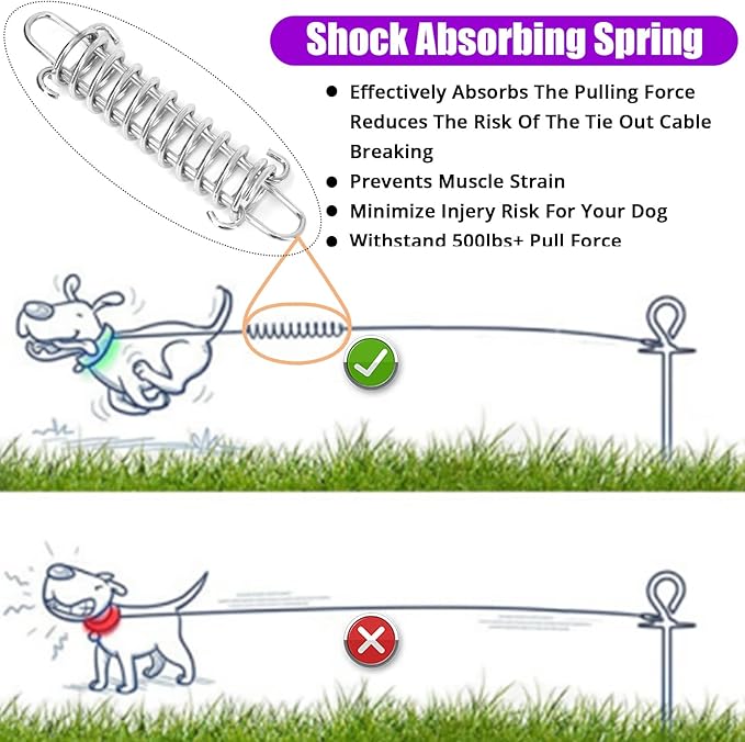 Jenico Dog Tie Out Cable, 10-150FT Runner Cable with Swivel Hook and Shock Spring, Yard &amp; Camping Dog Leash Tether for Small to Medium Pets Up to 500 LBS
