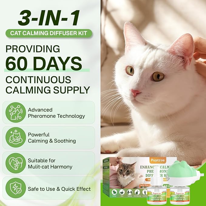 Cat Calming Diffuser with Three Timing Functions, 3-in-1 Cat Pheromones Calming Diffuser Kit, 60-Day Anxiety Relief, Stress Reduction &amp; Relaxation for All Cats (1 Diffuser + 2 Refills)