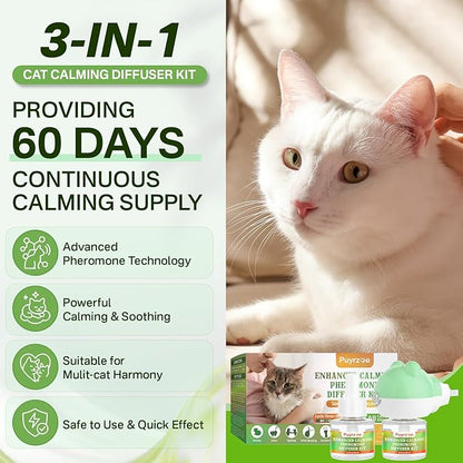 Cat Calming Diffuser with Three Timing Functions, 3-in-1 Cat Pheromones Calming Diffuser Kit, 60-Day Anxiety Relief, Stress Reduction &amp; Relaxation for All Cats (1 Diffuser + 2 Refills)