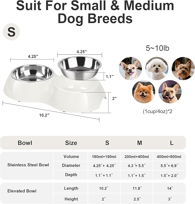 Stainless Steel Dog Bowls Set – Dual Non-Slip Pet Dishes with 2 Small (4oz*2) Bowls &amp; Durable Resin Stand,Food &amp; Water Feeder for Puppies, Kittens, and Small Breed Dogs– White
