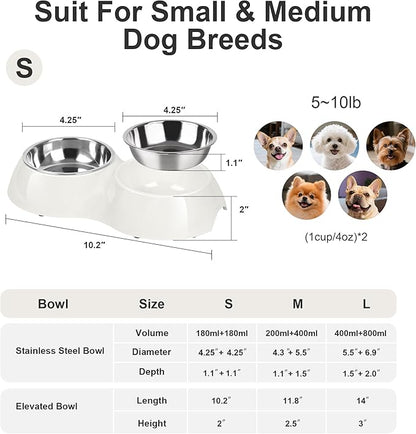 Stainless Steel Dog Bowls Set – Dual Non-Slip Pet Dishes with 2 Small (4oz*2) Bowls &amp; Durable Resin Stand,Food &amp; Water Feeder for Puppies, Kittens, and Small Breed Dogs– White