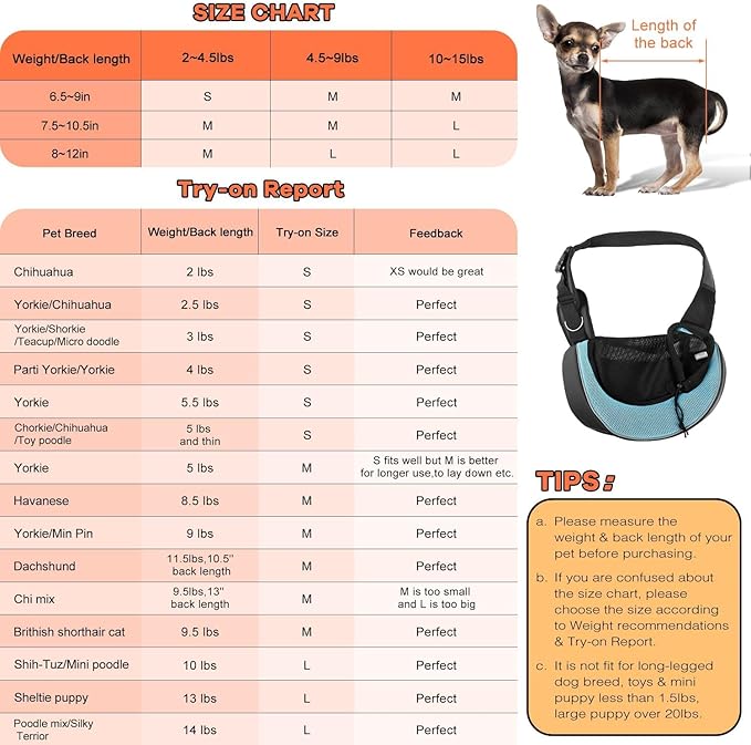 YUDODO Pet Sling Carrier for Small Dogs &amp; Cats – Hands-Free Puppy Carrier with Safety Hook, Large Zipper Pocket, Soft Breathable Mesh, Adjustable Strap &amp; Reflective Strip (Cyan 3.0 M)