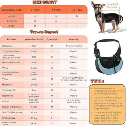 YUDODO Pet Sling Carrier for Small Dogs &amp; Cats – Hands-Free Puppy Carrier with Safety Hook, Large Zipper Pocket, Soft Breathable Mesh, Adjustable Strap &amp; Reflective Strip (Cyan 3.0 M)
