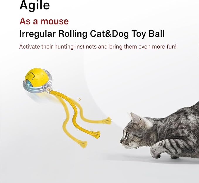 Interactive Cat Toy – Motion Activated Rolling Ball with LED Lights &amp; 3 Play Modes &amp; Two Different Tails - Best Toy for Indoor Cats &amp; Kittens to Stay Active and Stimulate Hunting Instinct (Yellow)
