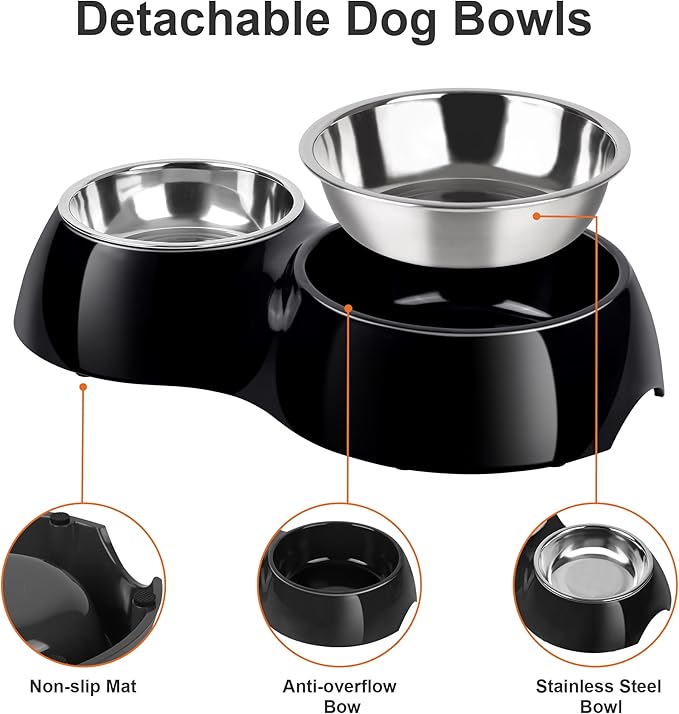 Double Dog Bowls Set – Non-Slip Pet Food &amp; Water Dishes with Resin Stand, Includes Small (1 Cup) &amp; Medium (2 Cups) Bowls – Ideal for Puppies, Cats, and Medium Dogs –Black