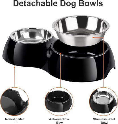 Double Dog Bowls Set – Non-Slip Pet Food &amp; Water Dishes with Resin Stand, Includes Small (1 Cup) &amp; Medium (2 Cups) Bowls – Ideal for Puppies, Cats, and Medium Dogs –Black