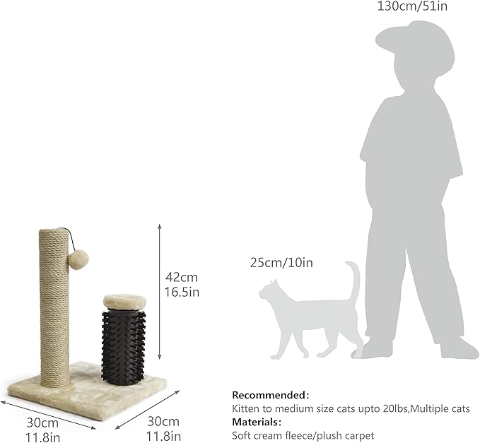 Amazon Basics Cat Scratcher - Indoor Classic Single Cat &amp; Kittens Scratching Post with Brush, Small (16.5" H) - Beige