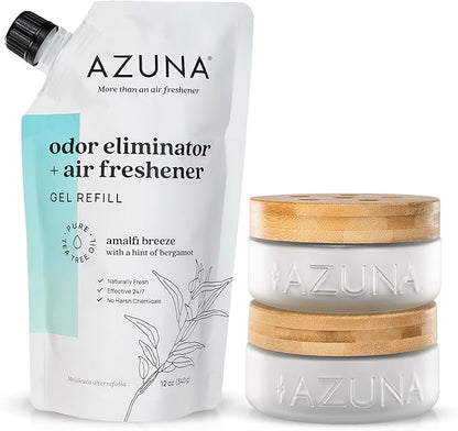 Azuna Air Freshener &amp; Odor Eliminator for Strong Odor | 2 Room Kit Includes (2) 8 oz. Empty Luxe Glass Jars &amp; 12 oz | Refill with Tea Tree Essential Oil Gel | Amalfi Breeze | Last 60-90 Days