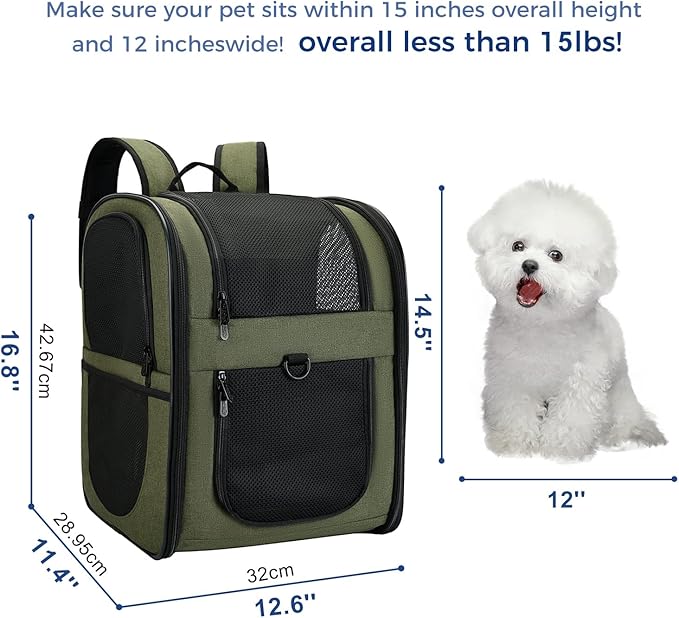 Apollo Walker Dog &amp; Cat Carrier Backpack for 4-15lb Pets - Ventilated Safe Design with Padded Back Support, Breathable Mesh Pet Backpack for Hiking, Travel, Outdoor (Green)