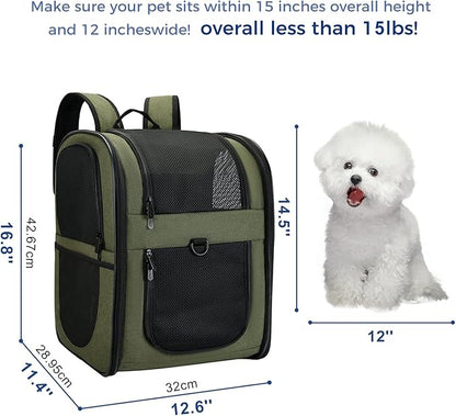 Apollo Walker Dog &amp; Cat Carrier Backpack for 4-15lb Pets - Ventilated Safe Design with Padded Back Support, Breathable Mesh Pet Backpack for Hiking, Travel, Outdoor (Green)