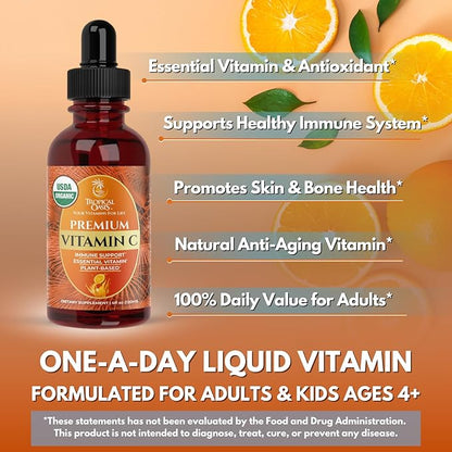 Tropical Oasis USDA Organic Liquid Vitamin C Drops for Adults &amp; Kids | Supports Healthy Immune System | 98% Absorption Rate | Vegan | Non-GMO | Gluten Free | 60 Servings