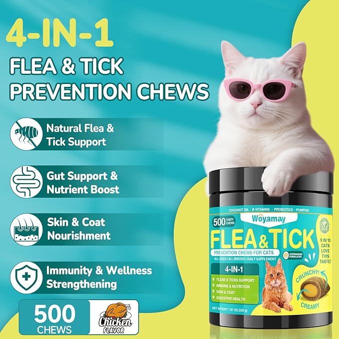 4-IN-1 Flea and Tick Prevention for Cats, 500 Crunchy &amp; Creamy Chews, Cat Flea Treatment, Natural Oral Flea Treatment for Cats, Daily Support for Flea, Immune, Skin &amp; Coat, Gut, Chicken Flavor