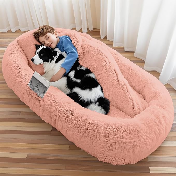 Human Dog Bed for Adults &amp; Pets, 63"x32"x10" Faux Fur Nap Bed with Pillow, Blanket &amp; Strap, Orthopedic Washable Lounger for Sleeping, Relaxing, Cuddling – Pink